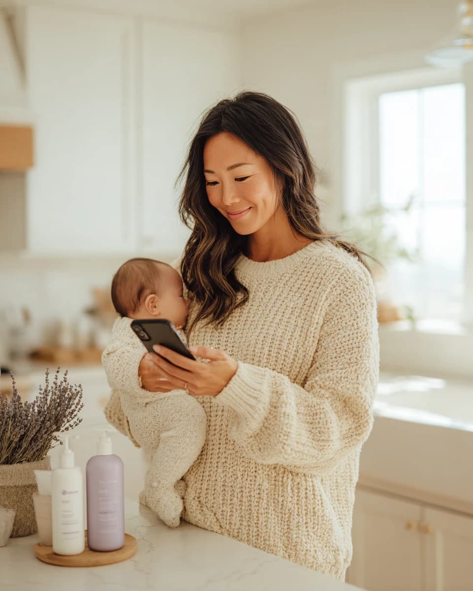 Junge Mutter mit Baby auf dem Arm schaut in der Küche auf ihr Smartphone