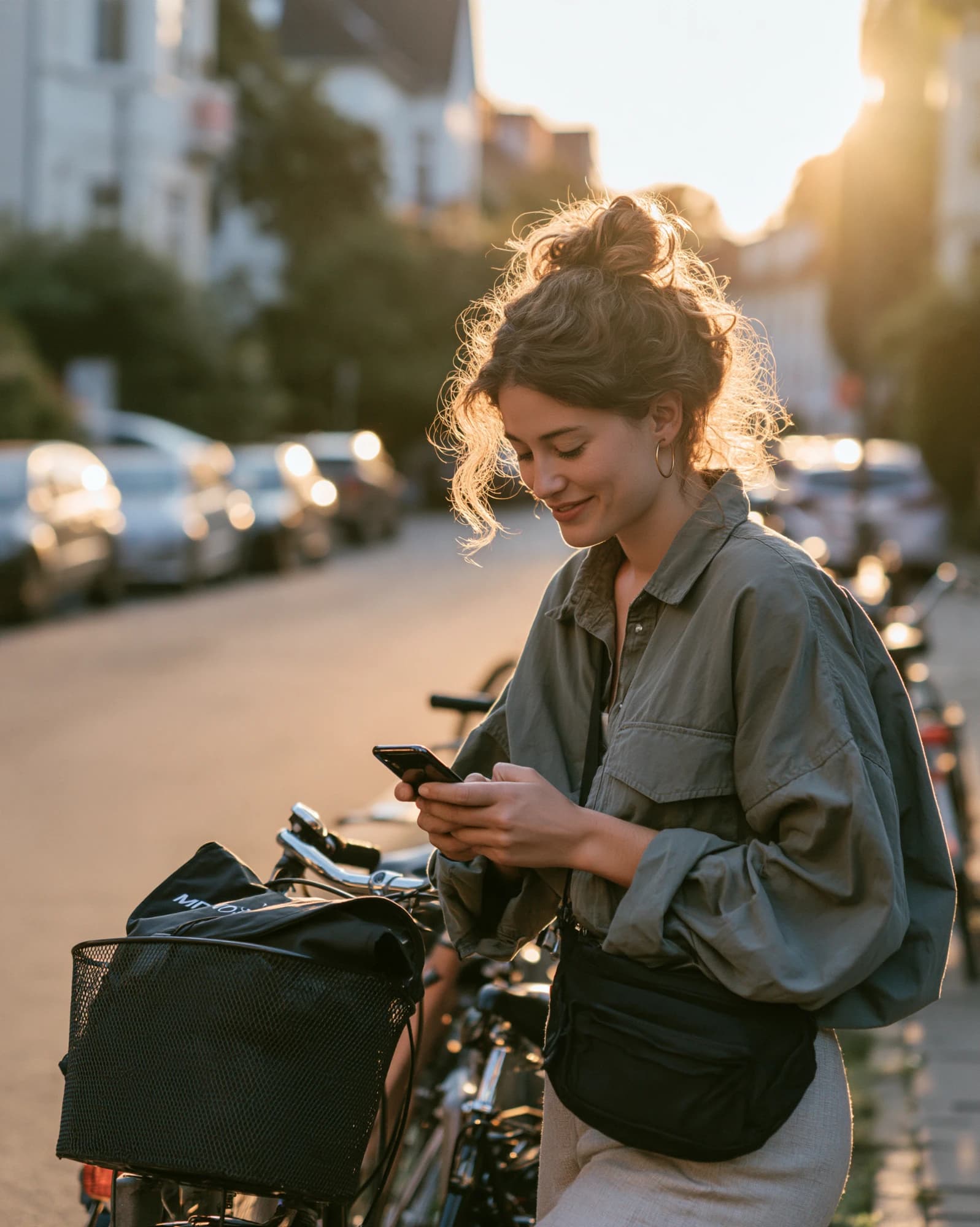 Hebamme schaut unterwegs neben ihrem Fahrrad aufs Handy
